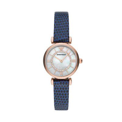 Emporio Armani Leather Gianni T-Bar Analog Mother of Pearl Dial Women Watch-Ar11468, Blue Band