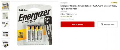 Energizer Alkaline Power Battery - AAA, 1.5 V, Mercury-Free, 4 pcs Blister Pack