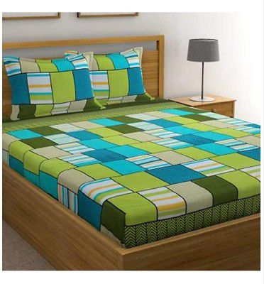 ENGUNIAS Prime Collection 160TC Cotton-Blend 1 Double Bedsheet with 2 Matching Free Pillow Covers Green Colour Check Box Design Design
