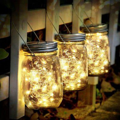 Epyz 20 LEDs Hanging Solar Light Outdoor Solar Mason Jar Lid Fairy String Lights for Patio, Garden, Yard and Lawn (Pack of 2, Warm Yellow Light)(Glass)