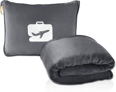 Eqra International Soft Airplane Travel Blanket and Pillow/Hand Luggage Sleeve and Backpack Clip/Blanket and Pillow for Travel/Travel Blanket with Storage Bag and Handle Belt (Grey)