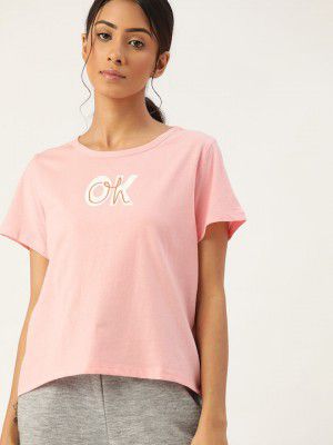 ETC Women Pink Typography Print Round Neck Lounge T-shirt