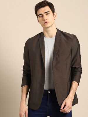 ether Men Olive Brown Self-Design Single-Breasted Regular Fit Casual Blaze