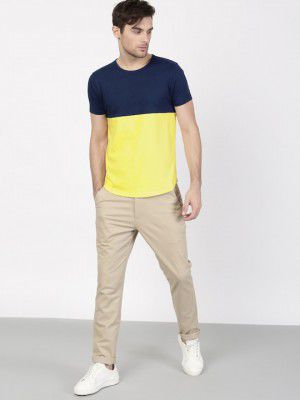 ether Men Navy Blue Yellow Colourblocked Round Neck Pure Cotton T-shirt