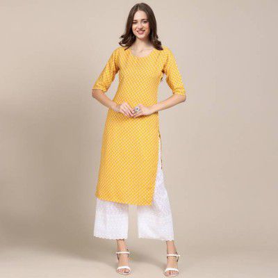 EthnicBasket  Women Printed Crepe Straight Kurta  (Yellow)