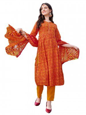 EthnicJunction Women's Geometric Print Cotton Blend A-Line Kurta Pant with Dupatta Set