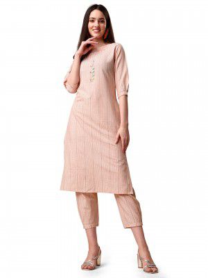 EthnicJunction Women's Striped Work Straight Kurta and Pant Set
