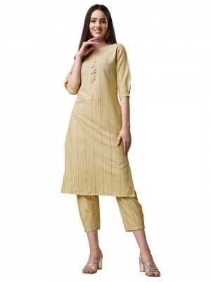 EthnicJunction Women's Woven Striped Work Straight Kurta and Pant Set