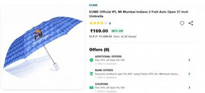 Jiomart : EUME Official IPL MI Mumbai Indians 2 Fold Auto Open 21 Inch Umbrella