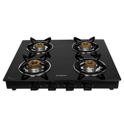 Eurodomo Mild Steel Manual Ignition Gas Stove 4 Burner Glass Cooktop