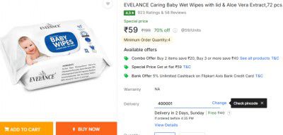 EVELANCE Caring Baby Wet Wipes with lid & Aloe Vera Extract,72 pcs