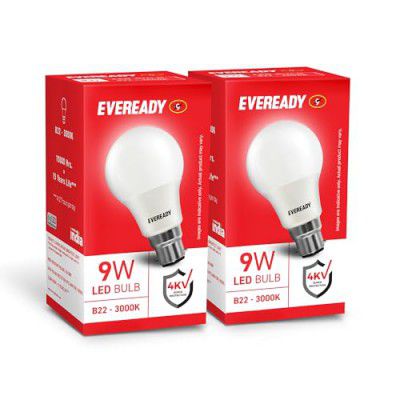 Eveready 9W LED Bulb, Warm White (3000K), B22 Base, Energy-Efficient, 4kV Surge Protection, Long-Lasting Durability - Pack of 2