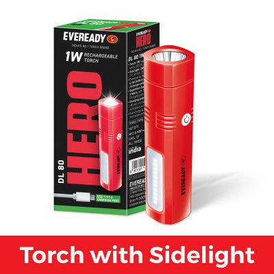 Eveready Hero DL80, Rechargeable 1W LED Torch Cum Emergency 2W Sidelight, Type-B/Micro-USB Fast Charging, Overcharge & Deep Discharge Protection, Powered by Li-Ion Battery