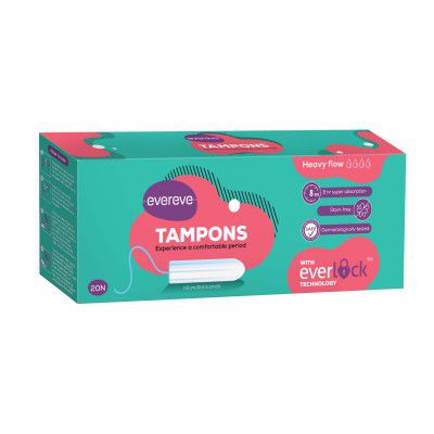 Evereve Tampons, For Heavy Menstrual flow, 20 pcs, Super absorption, Safe, Soft & Comfortable, Stain-free periods, Rash-free, Prevents odour, FDA approved, Biodegradable