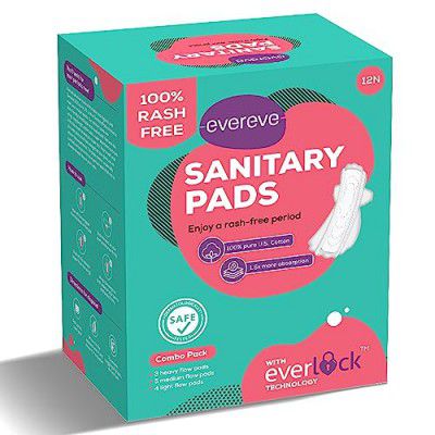 Evereve Ultra Thin Rash Free Cotton Sanitary Pads combo, Pack of 12 Pads, 3 Heavy Flow Pads, 5 Medium Flow Pads, 4 Light Flow Pads, High absorbency, No Odour, Dermatologically tested