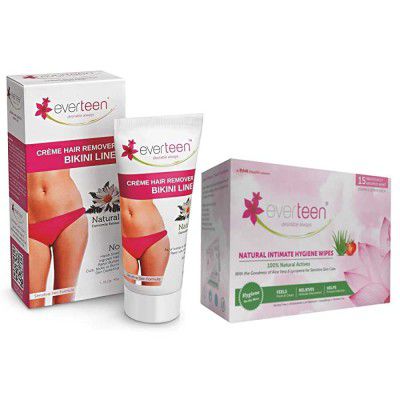 everteen Combo: Bikini Line Hair Remover Creme 50g and 15 Intimate Hygiene Wipes for Women