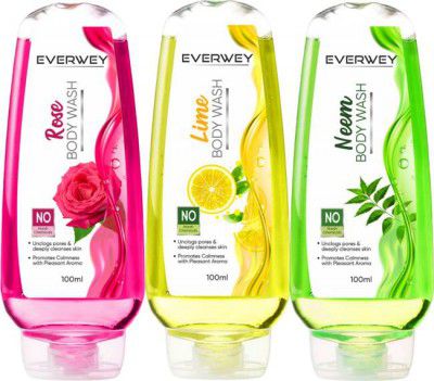 Everwey Daily Refreshing Rose, Neem & Lime Body Wash For Men & Women (3 x 100 ml)