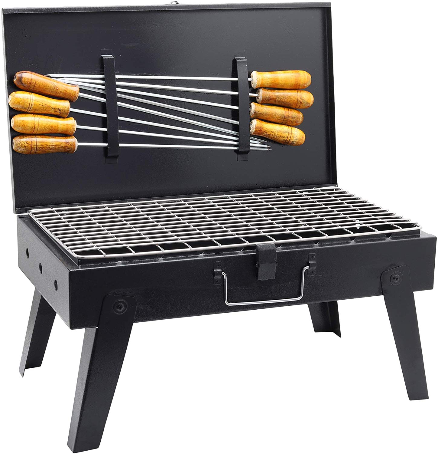 H Hy-tec (Device) Briefcase and Picnic Metal Barbeque with 8 Skewers, 1 Iron Grill and 1Packet of Charcoal