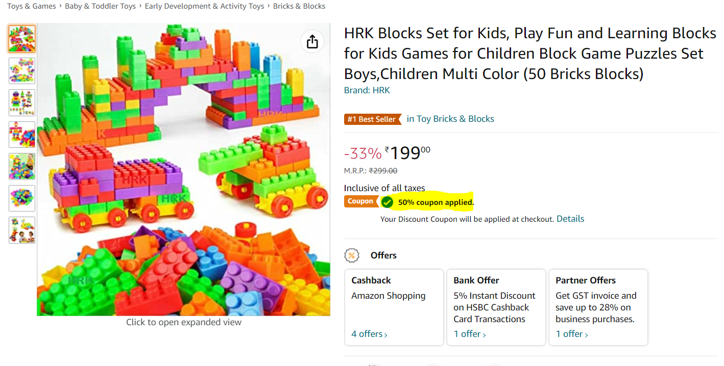 HRK Blocks Set for Kids, Play Fun and Learning Blocks for Kids Games for  Children Block Game Puzzles Set Boys,Children Multi Color (50 Bricks Blocks)  Price in India & Offers