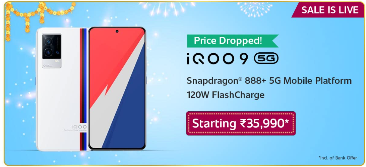 iQOO 9 5G (8GB RAM | 128GB Storage) Amazon Great Indian Festival Sale Price banner