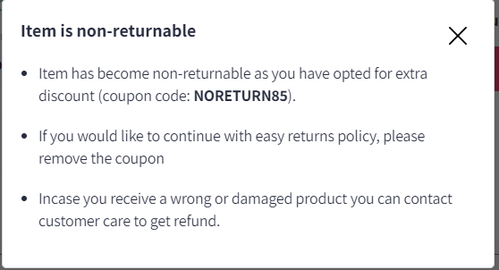 Non-returnable coupon additional terms