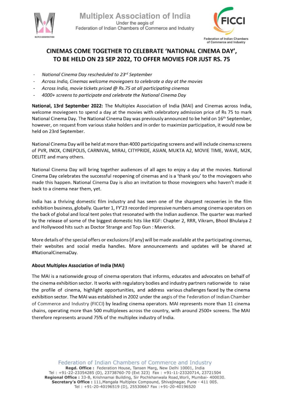 National Cinema Day Offer Updated Announcement by Multiplex Association Of India