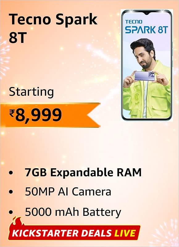 Tecno Spark 8T (7GB Expandable RAM | 64GB Storage) Amazon Great Indian Festival Sale Price banner