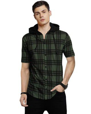 EYEBOGLER Mens Hooded Neck Checkered Half Sleeve Regular Fir T-Shirt