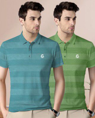 EyeBogler&nbsp;Pack of 2 Men Striped Polo Neck Cotton Blend Blue, Green T-Shirt