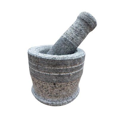 EZAHK Mortar and Pestle Set for Spices, Okhli Masher, Khalbatta, Kharal, Mixer, Natural & Traditional Grinder and Musal, Well Design for Kitchen, Home, Herb (6 in)