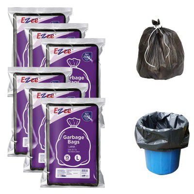 Ezee Flat Garbage Bags Large Black 90 Pcs | 24 X 32 Inch | 15 Pcs x Pack of 6 | Dustbin Trash Bag