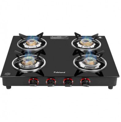 Fabiano FAB4BRSMART Toughened Glass Top 4 Burner Manual Gas Stove (Pan Support Attachment, Black)