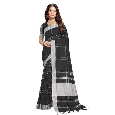 FABKIND WOMEN'S COTTON BLEND SAREE WITH BLOUSE PIECE (UNSTICHED)