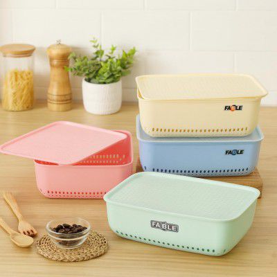 FABLE Combo Of 4 Small Size Multipurpose Baskets Storage Basket with Lid Plastic