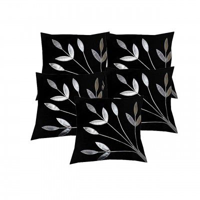 FabLooms Poly Silk Leaf Design Cushion Covers Set of 5 pcs (12 X 12 INCH, Black)