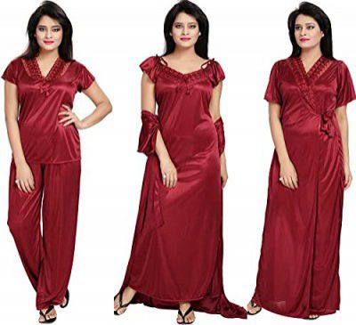Fabme Womens four Piece Nighty ( Nighty, Robe, Top, Pyjama)