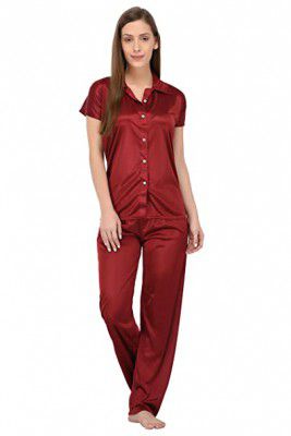 Fabme Women's Plain Satin Night Suit (Shirt and Pyjama)