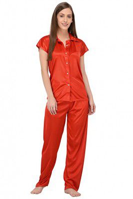 Fabme Womens Plain Satin Night Suit (Shirt and Pyjama)