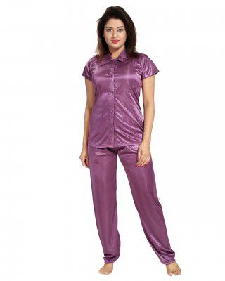 Fabme Womens Plain Satin Night Suit (Shirt and Pyjama) (Size - Small to XX-Large)