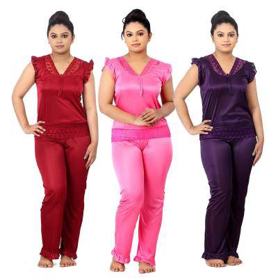 Fabme Women's Satin Night Suit (3 Top and 3 Pyjama Set) (Pack of 3 Sets)
