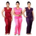 Fabme Women's Satin Night Suit (3 Top and 3 Pyjama Set) (Pack of 3 Sets)...