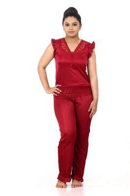Fabme Women's Satin Night Suit Nighty (Shirt and Pyjama)