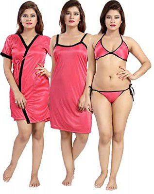 Fabme Womes Satin Four Piece Nighty (1 Nighty, 1 Robe, 1 Bra, 1 Panty)