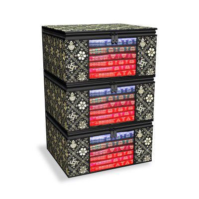 FabPax Set of 3 Non Woven Royal Print Foldable Saree Covers with Transparent Window, Saree Bags, Saree Covers for Storage, Wardrobe Organiser (40x32x21cm) (Black - Golden)