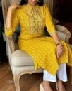 fabrictextile Women Printed Pure Cotton Straight Kurta (Yellow)...