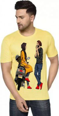 FabryKa  Men Printed Round Neck Polyester Yellow T-Shirt