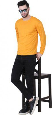 FABSHORE  Men Solid Round Neck Polyester Yellow T-Shirt