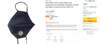 Face Mask 100% Cotton Multi Layer Sanganeri Print Washable, Designed, Printed and Safe for Woman & Girls (Set of 3)