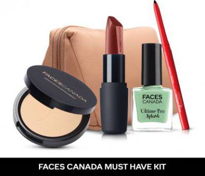 FACES CANADA Must Have Kit (Combo Of Kajal,Lipstick,Compact,Nail Enamel,Pouch)  (5 Items in the set)