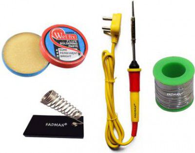 FADMAN Beginner Basic Soldering Iron Kit Pack-4 | Soldering Flux | Solder Wire | Stand | Yellow Soldering Iron 25 W Simple  (Flat Tip)